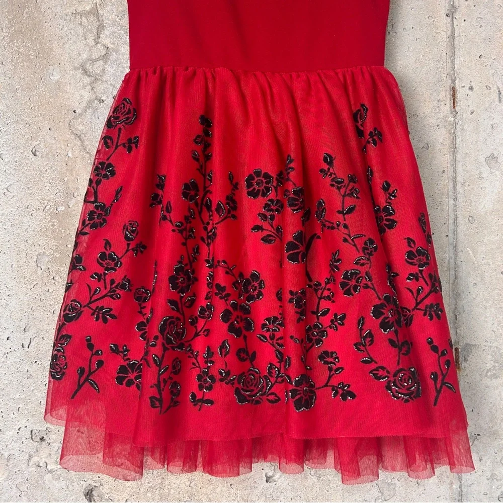 Knit works red black glitter floral fit flare a line dress 8